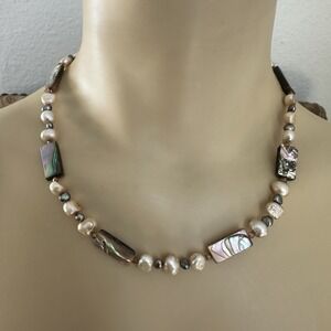 Vintage Artisan Pearl Necklace 18 Inch Cultured Baroque Abalone MOP Shell Silver